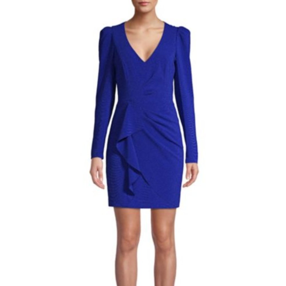 Parker Black CLINTON Long Sleeve V-Neck Sheath Ruffle Drape Knee Length Dress